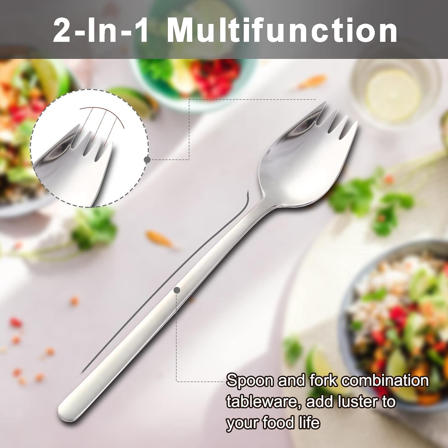 Metal Sporks Set of 6, 18/10 Stainless Steel Salad Spork Utensils, 7.9 Sliver 