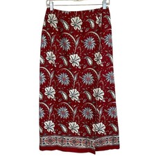 VTG Talbots Women Red Linen Blend True Wrap Midi Skirt Sz 8P Floral Boho Vaca
