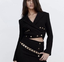 Zara Woman  s Cropped Black Textured Gold Buttoned Blazer Jacket- Size Small