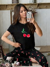 Women Short sleeve PJS Ladies Pyjamas set Cherry Print Loungewear Nightwear