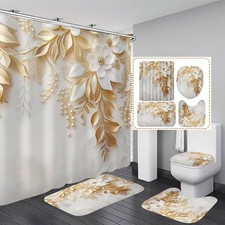 Golden Leaves Shower Curtain Sets 4 PCS White Flowers Decor Rugs 12 Hooks