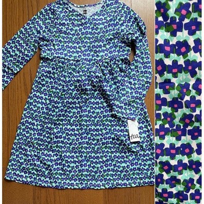 Tea Collection Size 8 Long Sleeve Wrap Neck Dress Flower Print White Blue Green