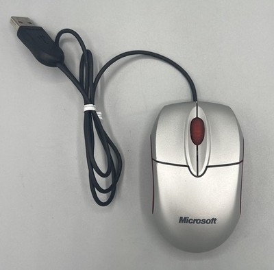 Microsoft Notebook Optical Mini Mouse wired USB Red Silver 2+ ft cable Tested