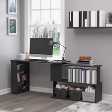 360° Rotating Home Office Corner Desk and Storage Shelf Combo  L-Shaped Table