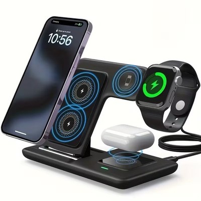 Foldable 3 in 1 Wireless Charger Station 15W iPhone Apple Watch AirPods Black