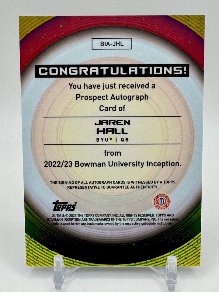 2022-23 Bowman University Inception #BIA-JHL Jaren Hall Base Auto Gold Foil/50 - Image 2 of 2