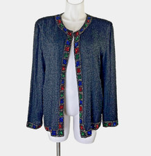 Vintage Laurence Kazar Black Silk Beaded Embellish Glam Black Jacket Womens 1X