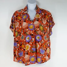 CAbi Top Women XL Visionary Replay Blouse #5892 Bright Orange Floral Print