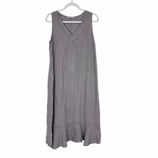 Francesca Bettini Midi Dress Large Gray Linen V-Neck Sleeveless Lagenlook Ruffle