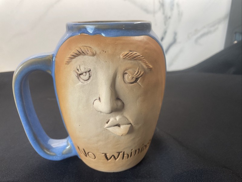 No Whining - Vintage Studio Pottery Mug/Cup - Quirky Face Blue Glazed