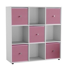 9 Cube White Wooden Bookcase Shelving Unit with 5 Collapsible Fabric Drawers
