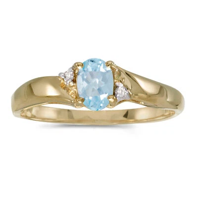 14k Or jaune Oval Aigue-marine et Diamant Ring 0.29 ct - Photo 1/2