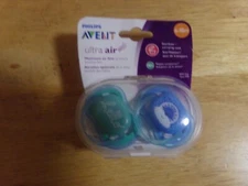 PHILLIPS AVENT  ULTRA  AIR  2 PACK PACIFIERS WITH CASE 6-18 MONTHS  BLUE & GREEN