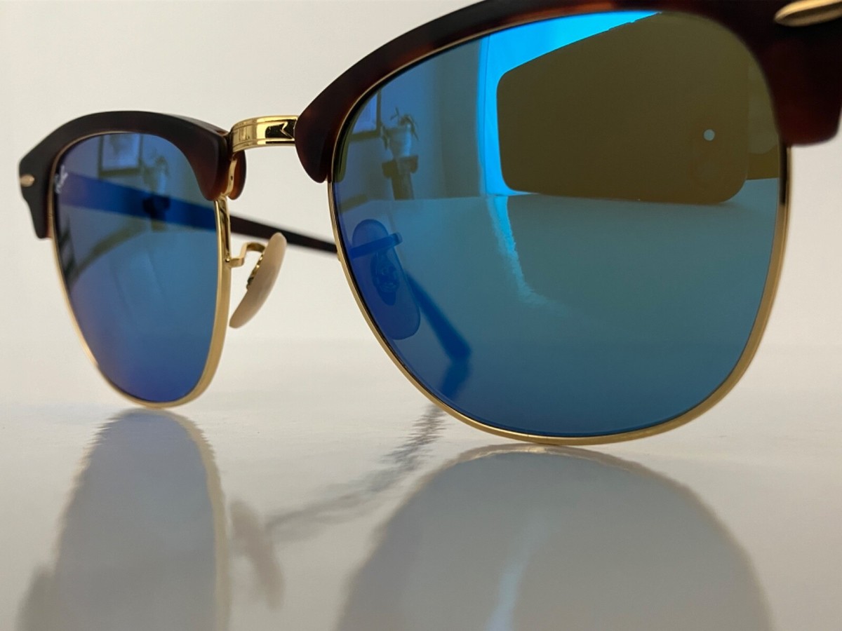 Rayban Clubmaster, Matte Havana on Gold frames/Mirrored Blue 