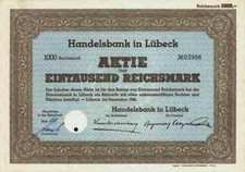 Handelsbank L&uuml;beck AG 1941 Ahrensb&ouml;k Heiligenhafen N&uuml;sse M&ouml;lln 1000 RM Ratzeburg