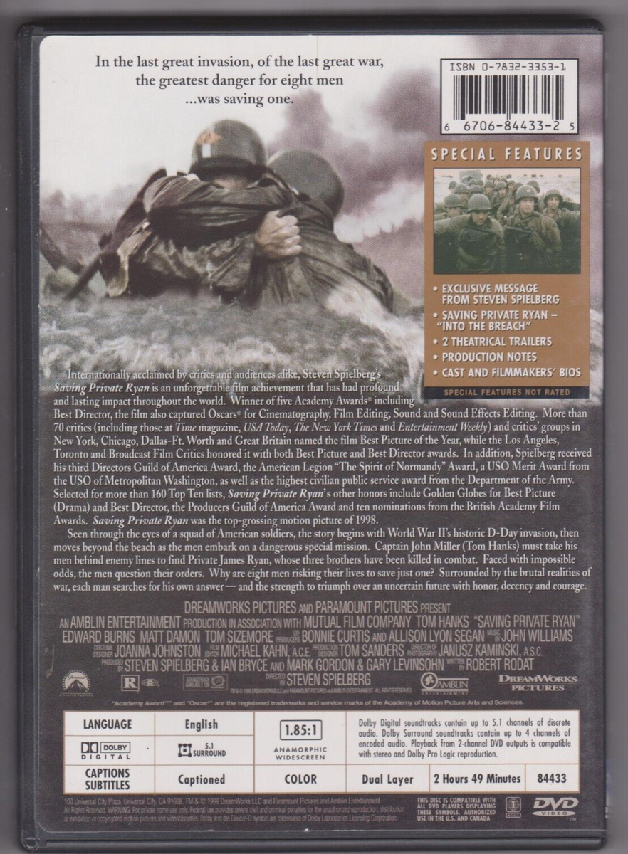 Saving Private Ryan (DVD, 1998) Steven Spielberg. Tom Hanks. Matt
