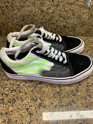 Vans Old Skool Black with Neon Green Flames Suede / Canvas Mens 3.5 / Womens 5