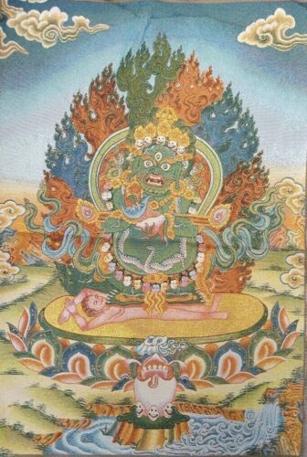35.4" Tibet Cloth Embroidery Mahakala Wrathful Deity Buddha Tangka Mural Statue