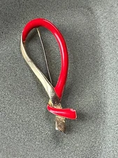 Vintage Large Red Enamel & Goldtone Ribbon Loop Brooch Pin – 2 and 5/8th’s  x