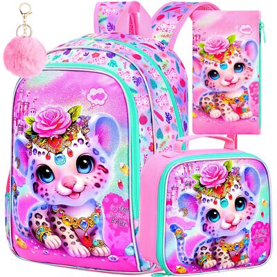 16'' Backpack for Girls 3Pcs Kids Bookbag with Lunch Box，Leopard School Backpa...