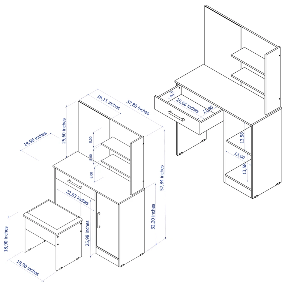 Escritorio tocador negro con espejo, taburete y almacenamiento - Mesa de maquillaje para dormitorio Foto 4 de 4