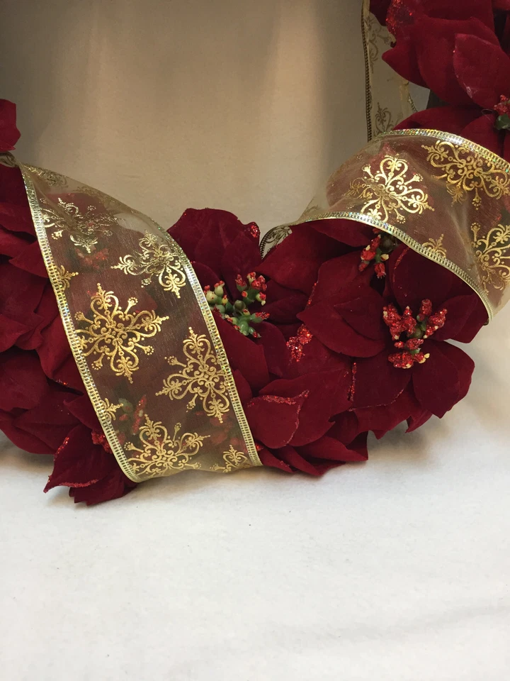 Seasonal  18" Wreath Velvet Faux Poinsettia W. Gold Tone Wire Edged Ribbon - Image 3 of 4