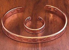 Pure Copper Magnetic Bracelet  Ring Set Energy Arthritis Cuff Bangle Jesus Fish