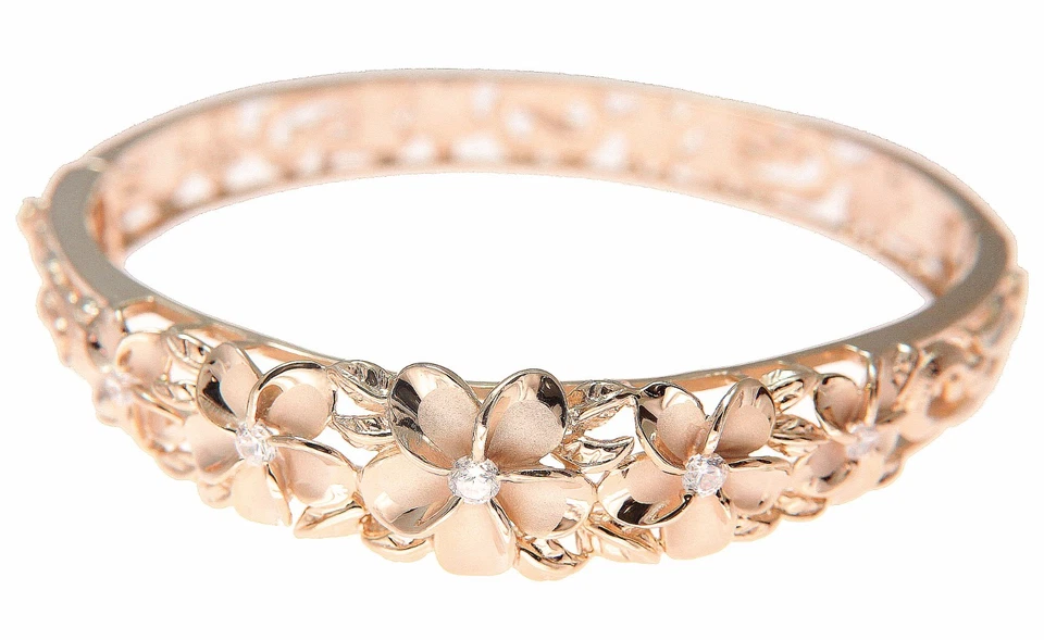 ORO ROSA PLATA 925 HAWAIANO ELEGANTE PLUMERIA FLOR MAILE HOJA BISAGRA BRAZALETE Foto 4 de 4