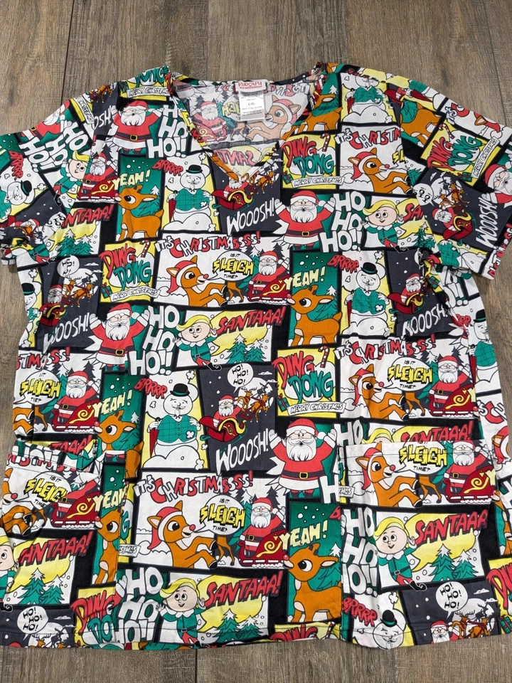 Rudolph Scubs Top Womens Large All Over Print Short Sleeve V Neck Christmas - Image 2 of 4