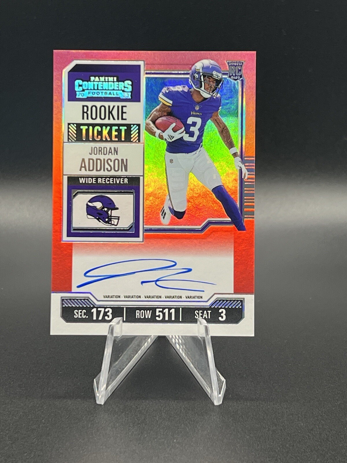 2023 Panini Contenders FOTL Jordan Addison RC Rookie Ticket Auto Red Zone