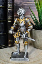 Medieval Pewter English Knight Drawing Sword Statue 4"H Medieval Suit Of Armor