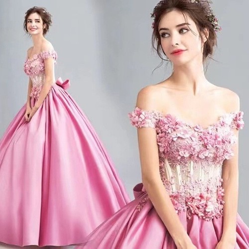 Fairy Pink Off Shoulder Prom Dress |Beaded Floral Ball Gown Formal Evening Dress - Picture 2 of 16
