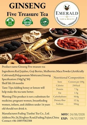 Five Treasures Ginseng Tea - Natural Energy and Vitality - Pack of 30 Tea Bags