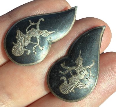 Vintage SIAM Sterling Silver NIELLO Ware Dancing Goddess Earrings Clamp READ