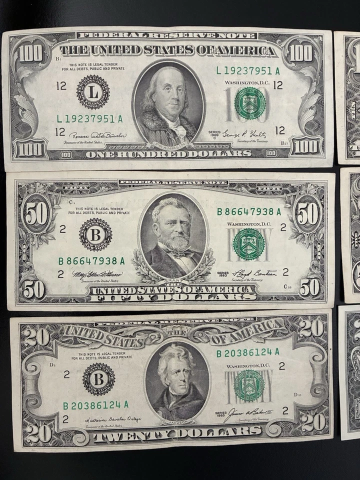 1969 $100 w/ $50 / $20 / $10 / $5 & $2 DOLLAR OLD STYLE SMALL FACE BILLS SHARP - Image 2 of 4