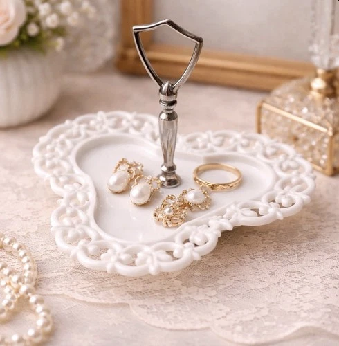 Vintage White Milk Glass Lace Edge Tidbit Server Tray with Metal Handle