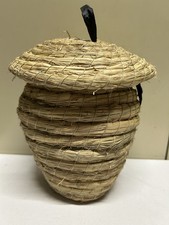 Primitive Hand Coiled/Woven Straw Bee Skep Beehive w Lid Beekeeper Basket 9x8  