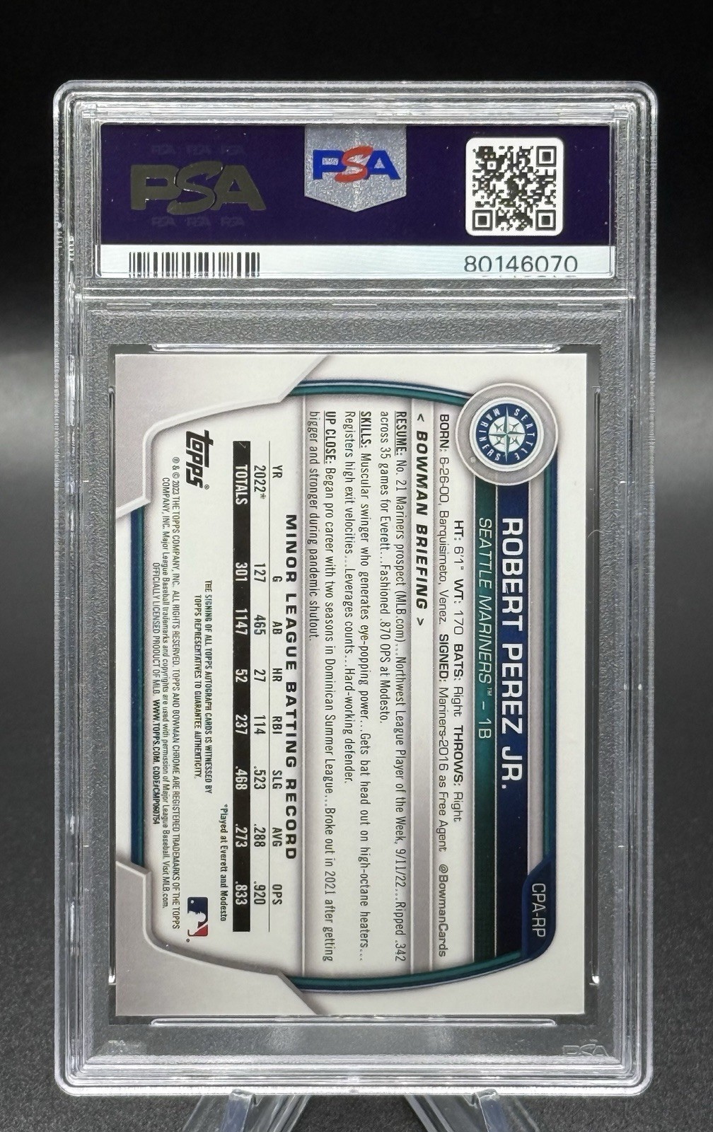 2023 Bowman - Chrome Prospect Autographs Robert Perez Jr SP PSA Green Grass/99 view 2
