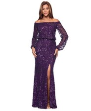 Xscape Women's Sequined Off-the-Shoulder Long-Sleeve Gown - Eggplant 14