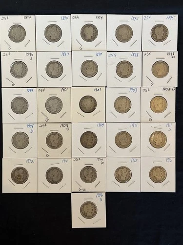 HUGE LOT of 26 BARBER QUARTERS 1892 - 1916 NICE LOT! Better Dates! W/ MINT MARKS