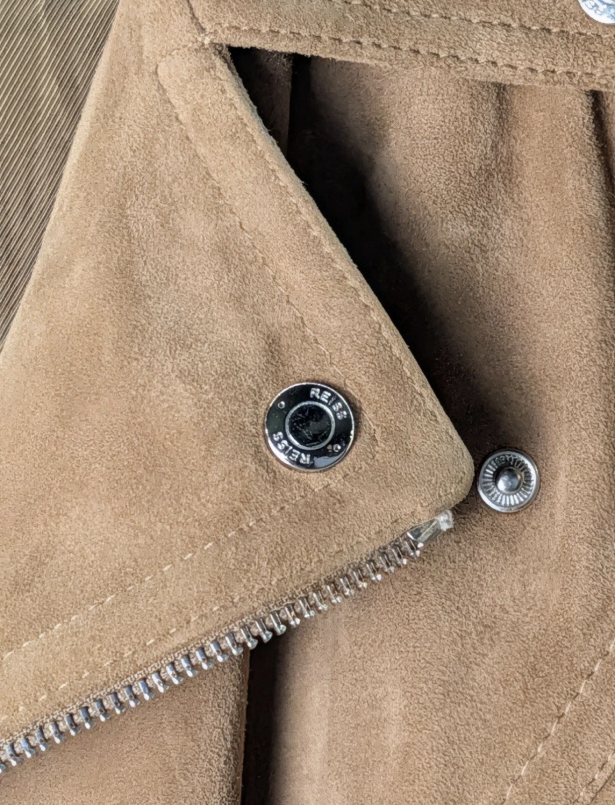 REISS Momo Suede Biker Jacket Mens Medium Tan Brown AW19 Sample Rare image 8