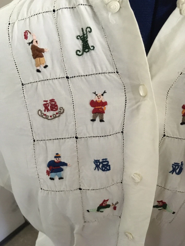 Blusa de seda blanca bordada a mano 1963 MCM DE COLECCIÓN Hong Kong Jaleeco talla 18-20 Foto 4 de 4