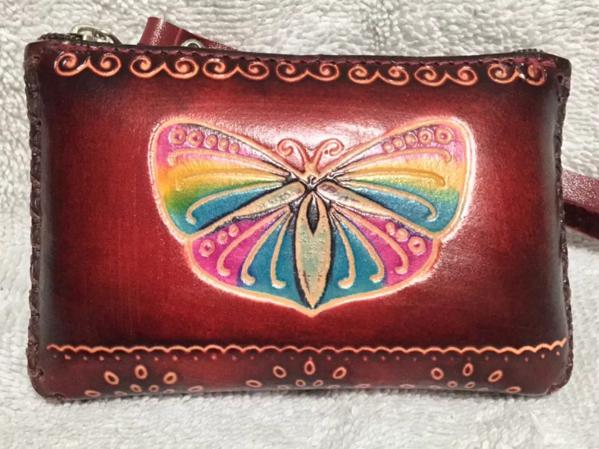 Hand Made Embossed Genuine Leather Butterfly Coin Purse Wristlet