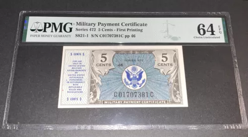 PMG Military Payment Certificate 5 Cent Banknote 1st Printing Series 472 64EPQ C