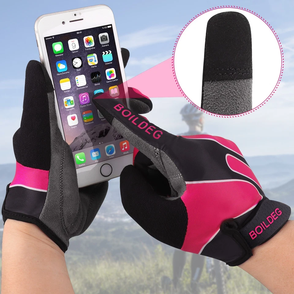 BOILDEG Women Cycling Full Finger Gloves SBR Touchscreen MTB Bike Gloves Rose - Image 4 of 4