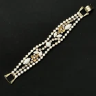 Vintage Milk Glass Clear Rhinestones Floral Gold Tone Bracelet 1960’s 8”