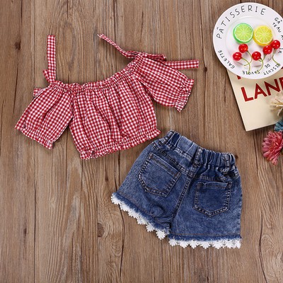UK 2PCS Toddler Kid Baby Girl Outfit Clothes Top Plaid Shirt Denim Pants Jeans