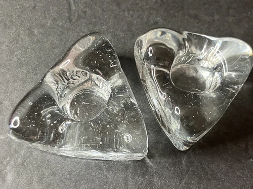 Blenko Clear Triangle Cube Textured Candle Stick Holders Art Glass Set of 2