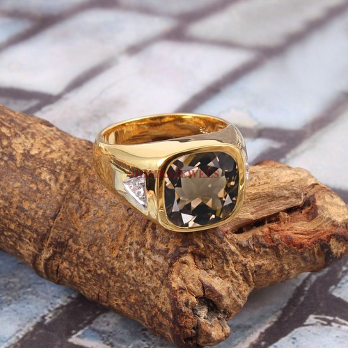 Natural Smoky Quartz Gemstone With 14K Gold Plated Silver Men's Ring #422 - Picture 7 of 8