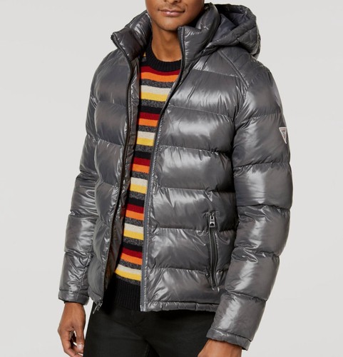 $225 Guess Men Gray Hood Puffer Water 